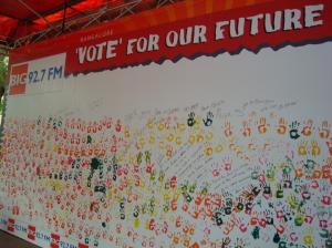 Children's handprints to support BIG FM's voting campaign
